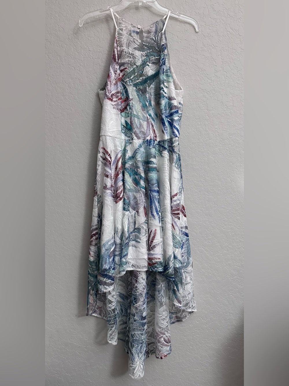 Mark & James Badgley Mischka Hi-Lo Tropical Overlay Halter Dress- Size 10